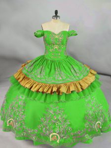 Deluxe Green Off The Shoulder Lace Up Embroidery 15th Birthday Dress Sleeveless