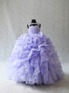 Attractive Lace Up Pageant Gowns For Girls Lavender for Wedding Party with Beading and Ruffles and Pick Ups Brush Train