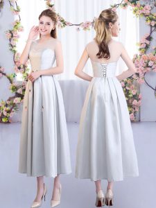 Silver Sleeveless Satin Lace Up Quinceanera Court Dresses for Wedding Party