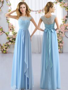 Dynamic Floor Length Empire Cap Sleeves Light Blue Dama Dress Side Zipper