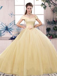Off The Shoulder Short Sleeves 15 Quinceanera Dress Floor Length Lace and Hand Made Flower Champagne Tulle