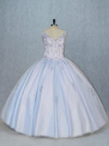 Blue Tulle Side Zipper Ball Gown Prom Dress Sleeveless Floor Length Beading