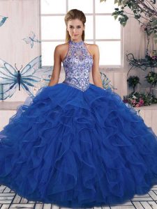 Cheap Sleeveless Tulle Floor Length Lace Up 15 Quinceanera Dress in Blue with Beading and Ruffles