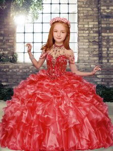 Sweet Red Sleeveless Beading and Ruffles Floor Length Kids Formal Wear