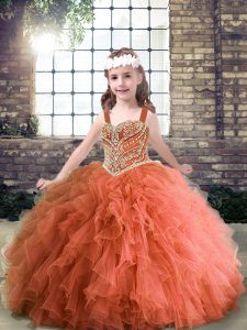 Rust Red Ball Gowns Tulle Straps Sleeveless Beading and Ruffles Floor Length Lace Up Little Girl Pageant Gowns