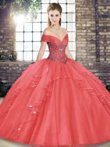 On Sale Watermelon Red Lace Up Sweet 16 Dresses Beading and Ruffles Sleeveless Floor Length