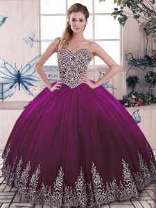 Flare Sleeveless Tulle Floor Length Lace Up Vestidos de Quinceanera in Fuchsia with Beading and Embroidery