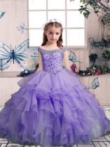 Trendy Sleeveless Organza Floor Length Lace Up Little Girls Pageant Dress in Lavender with Beading and Ruffles