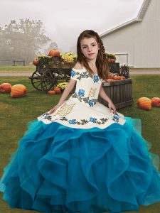 Sleeveless Floor Length Embroidery and Ruffles Lace Up Kids Formal Wear with Blue
