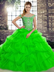 High Quality Sleeveless Brush Train Beading and Pick Ups Lace Up Sweet 16 Quinceanera Dress