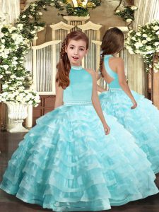 Ball Gowns Little Girls Pageant Dress Wholesale Aqua Blue Halter Top Organza Sleeveless Floor Length Backless