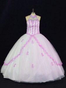 Sleeveless Tulle Floor Length Lace Up Quince Ball Gowns in White with Appliques