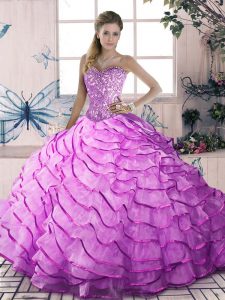 Admirable Lilac Ball Gowns Beading and Ruffles 15 Quinceanera Dress Lace Up Organza Sleeveless