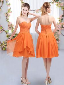 Spectacular Knee Length Orange Court Dresses for Sweet 16 Chiffon Sleeveless Ruffles and Ruching