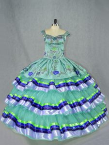 Straps Sleeveless Quinceanera Dress Floor Length Embroidery and Ruffled Layers Apple Green Organza