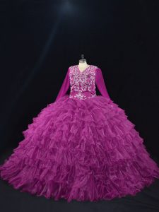 Simple Organza Long Sleeves Floor Length Ball Gown Prom Dress and Beading and Ruffled Layers