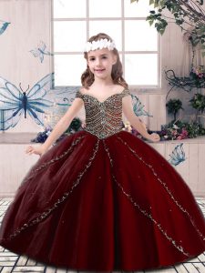 Fashionable Beading Kids Formal Wear Wine Red Lace Up Sleeveless Floor Length