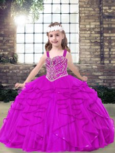 Sweet Sleeveless Floor Length Beading and Ruffles Lace Up Kids Formal Wear with Fuchsia