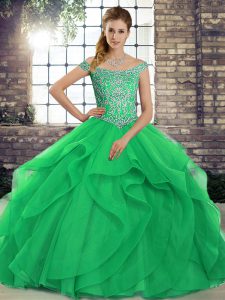 Lace Up Sweet 16 Dress Green for Military Ball and Sweet 16 and Quinceanera with Beading and Ruffles Brush Train