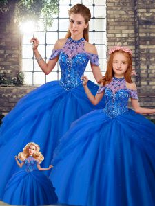 Cute Halter Top Sleeveless Tulle Ball Gown Prom Dress Beading and Pick Ups Brush Train Lace Up