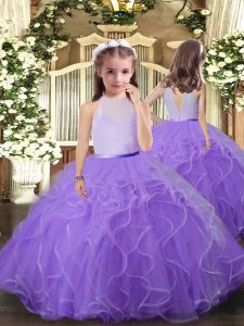 Lavender Backless Pageant Gowns For Girls Ruffles Sleeveless Floor Length
