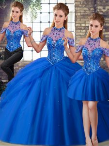 Sexy Lace Up Sweet 16 Dress Blue for Military Ball and Sweet 16 and Quinceanera with Beading and Pick Ups Brush Train