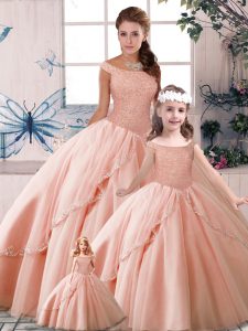 Peach Off The Shoulder Neckline Beading Sweet 16 Quinceanera Dress Sleeveless Lace Up