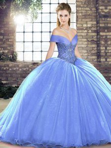 Admirable Lavender Ball Gowns Organza Off The Shoulder Sleeveless Beading Lace Up Vestidos de Quinceanera Brush Train