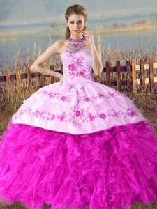 Embroidery and Ruffles Vestidos de Quinceanera Fuchsia Lace Up Sleeveless Court Train