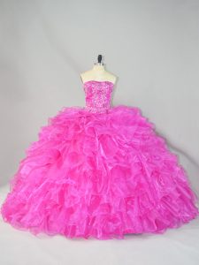 Fabulous Hot Pink Sleeveless Court Train Beading and Ruffles Ball Gown Prom Dress