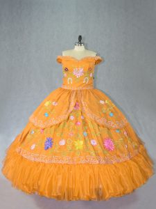 Comfortable Embroidery Quince Ball Gowns Gold Lace Up Sleeveless Floor Length