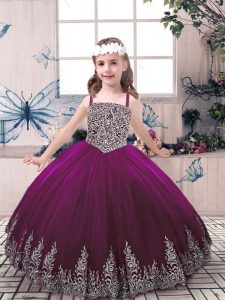 Floor Length Lace Up Little Girls Pageant Dress Wholesale Eggplant Purple for Party and Military Ball and Wedding Party with Beading and Embroidery