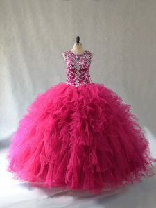 Top Selling Hot Pink Tulle Lace Up Quince Ball Gowns Sleeveless Beading