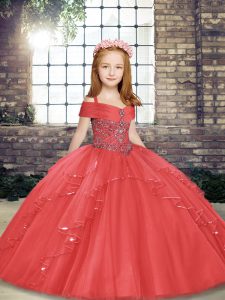 Charming Coral Red Sleeveless Floor Length Beading and Ruffles Lace Up Custom Made Pageant Dress