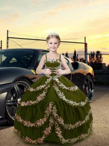 Olive Green Lace Up Little Girl Pageant Dress Embroidery Sleeveless Floor Length