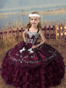 Superior Burgundy Organza Lace Up Little Girls Pageant Gowns Sleeveless Floor Length Embroidery and Ruffled Layers