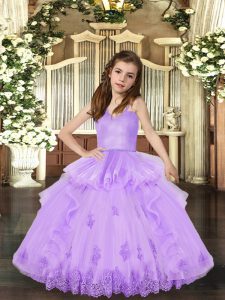 New Arrival Lavender Straps Lace Up Appliques Little Girls Pageant Dress Sleeveless