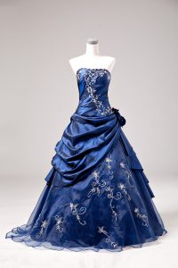 Embroidery and Hand Made Flower Quinceanera Dress Blue Lace Up Sleeveless Floor Length