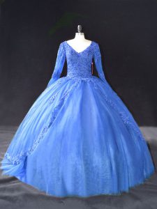 Blue Lace Up Quinceanera Gown Lace and Appliques Long Sleeves Floor Length