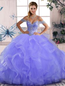 Modern Off The Shoulder Sleeveless Quince Ball Gowns Asymmetrical Beading and Ruffles Lavender Tulle