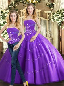 Purple Lace Up Strapless Beading Vestidos de Quinceanera Tulle Sleeveless