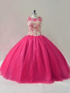 Hot Pink Ball Gowns Tulle Scoop Sleeveless Appliques Floor Length Lace Up Quinceanera Gown