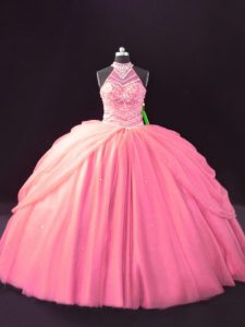 Pink Tulle Lace Up Halter Top Sleeveless Quinceanera Dress Beading and Pick Ups