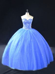 Sleeveless Tulle Floor Length Lace Up Sweet 16 Dress in Blue with Beading