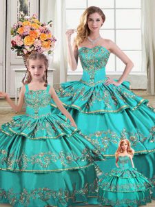 Glittering Aqua Blue Vestidos de Quinceanera Sweet 16 and Quinceanera with Embroidery and Ruffled Layers Sweetheart Sleeveless Lace Up