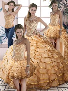 Dramatic Lace Up Sweet 16 Quinceanera Dress Gold for Sweet 16 and Quinceanera with Beading and Ruffled Layers Brush Train