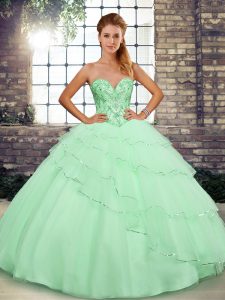 Brush Train Ball Gowns 15 Quinceanera Dress Apple Green Sweetheart Tulle Sleeveless Lace Up