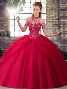 Affordable Coral Red Sleeveless Beading and Pick Ups Lace Up Quinceanera Gowns
