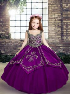 Graceful Eggplant Purple and Purple Lace Up Straps Embroidery Girls Pageant Dresses Tulle Sleeveless