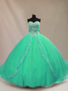 Dazzling Sleeveless Court Train Beading Lace Up Ball Gown Prom Dress